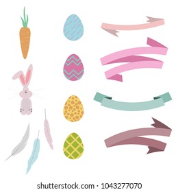 Vector illustration.Set of Easter eggs,carrot, bunny, feathers,decorative ripes