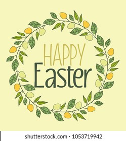 Vector illustration of Easter frame with branches and leaves, Easter eggs