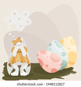 A vector illustration of an easter girl bunny who found hidden easter eggs