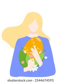 ilustração vetorial, Páscoa, menina, primavera, feriado, ovo de Páscoa, flor, decoração, fantasia, sorrir, felicidade, fofo, clip art, uma pessoa, fêmeas, imagem colorida