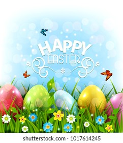 Vector illustration. Easter greeting card with colorful eggs lying on the green grass . Design element, greeting card template