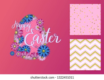 Vector illustration Easter greeting card and patterns. Easter egg and chrysanthemum flowers.