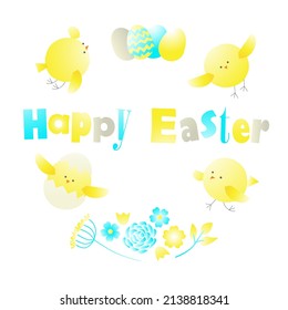 Ilustración vectorial, tarjeta de saludo de Pascua con pollitos y flores de Pascua, en colores azules amarillos