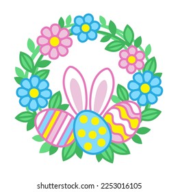 Vector illustration of Easter greeting card. Flowers wreath with Bunny and Easter egg