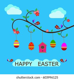 Vector illustration of Easter greeting card with colorful eggs, birdhouse and birds on a tree branch. Easter design elements