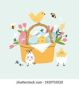 Vector illustration for Easter holiday. Beautiful flowers bouquet with Easter cake and painting eggs inside basket. Template for greeting card, poster, flyer and other users