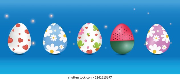 Vector illustration for easter holiday, collection of easter eggs with different textures on light blue gradient background, spring holidays, happy easter eggs for marketing