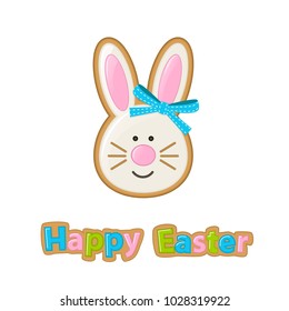 Vector illustration for the Easter holiday.  Gingerbread in the form of a rabbit decorated with a bow. Can be used to design a web page, greeting card, banner, stickers, children's books, advertising.