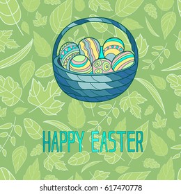 Vector illustration for Easter holiday with the image of a basket with Easter eggs on the green pattern background .