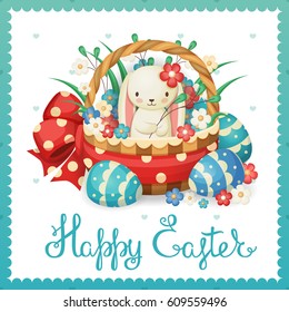 Vector illustration for the Easter holiday. Rabbit in a basket with flowers and eggs.