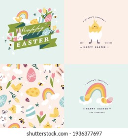 Vector illustration for Easter holiday. Seamless pattern with set of painting eggs