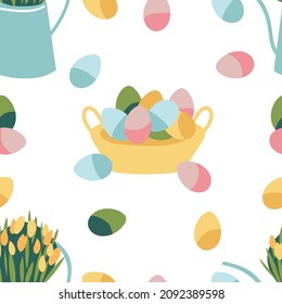 Vector illustration for Easter holiday. Seamless pattern with set of painting eggs.