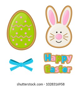 Vector illustration for the Easter holiday. A set of traditional ornaments: eggs, rabbit, cookies, bow. Can be used to design a web page, greeting card, banner, stickers, children's books, posters.