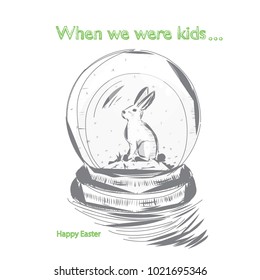 Vector illustration of Easter Holiday. Easter snow globe with white rabbit and snowflakes. Line sketching style, hand-drawn greeting card or design element. Inscription "When we were kids".