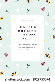 Vector illustration for Easter holiday.Background insect - naive ladybugs and bees with leaves. Template for greeting card, poster, flyer and other users