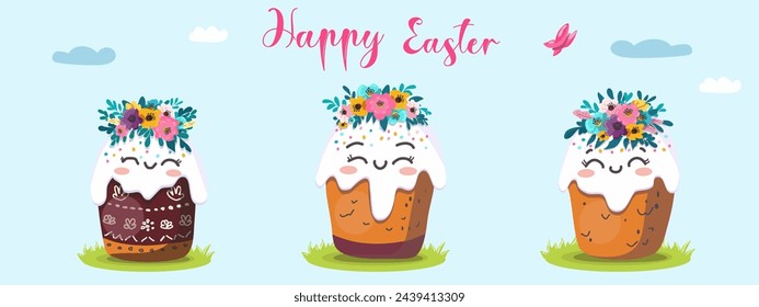  Vector illustration of Easter kulich set with wreath of flowers.   On a light background for postcards, banners.