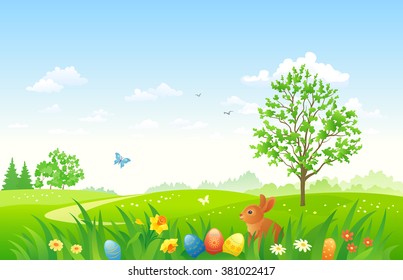 Vector illustration of an Easter nature scene with a bunny