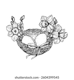 Vector illustration of an Easter nest with eggs, daffodils, pussy willow branches and a bow. Hand drawn in monochrome ink line art. Perfect for spring, Easter and 8 March holiday design projects.