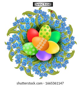 Vector illustration of Easter painted eggs in a wreath of field blue flowers