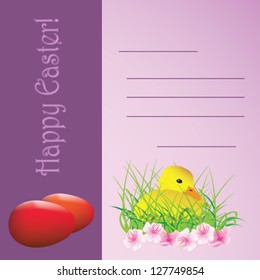 Vector illustration. Easter postcard with little duck and eggs.