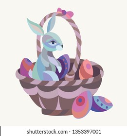Vector Illustration of Easter rabbit. Easter rabbit in basket full of decorated Easter eggs on a light background.