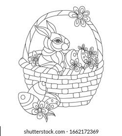 Vector Illustration of Easter rabbit. Black and white vector illustration for coloring book. Beautiful drawings with patterns and small details. Easter rabbit in basket full of decorated Easter eggs.