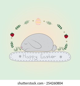 Vector illustration of the Easter rabbit / bunny, laying on the grass with leaves and berries. Vintage, rustic style
