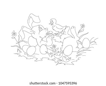 Vector illustration Easter Rabbit and Duckling. Linear sketch for coloring. White background