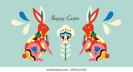 Vector Illustration with easter rabbit and flower. Happy Easter card design.	
