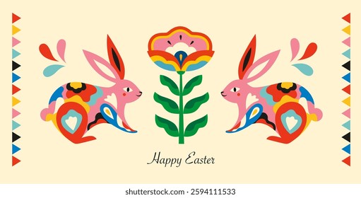 Vector illustration with easter rabbit and flower. Happy Easter card design	