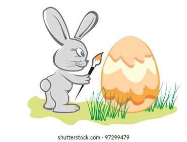 Vector illustration. Easter rabbit paint the egg on grass background