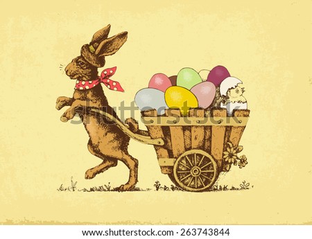 Vector illustration: Easter rabbit pulling a card with eggs.