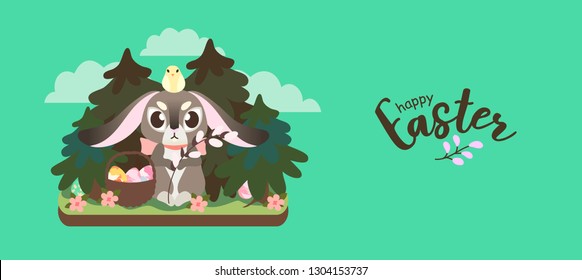 Vector illustration of an Easter rabbit sitting under the tree with a basket full of eggs on a green background.