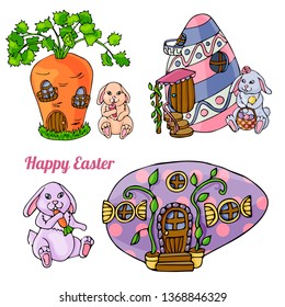 Vector illustration with Easter rabbits and fairy houses