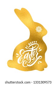 Vector illustration for Easter, Resurrection of Christ. Happy Easter lettering text inside gold foil bunny silhouette. To create design, print postcards, banners with Easter rabbit festive inscription