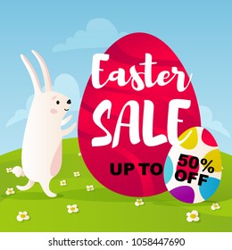 Vector illustration, Easter Sale banner with cute Easter bunny. Easter Sale up to 50% off text.