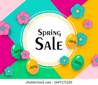  Ilustración vectorial. Diseño de banner de la venta de Semana Santa con huevos y flores. Efecto de corte de papel. Fondo colorido.Venta de primavera de texto. Uso para publicidad, volante, póster, folleto, tarjeta de descuento.
