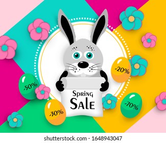Vector illustration. Easter sale banner design with rabbit, eggs and flowers. Paper cut effect. Text Spring Sale. Colorful background. Use for advertising, flyer, poster, discount card.