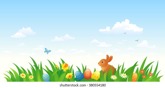 Vector illustration of an Easter scene with a bunny