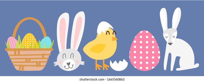 Vector illustration Easter scrapbook and stickers set. Rabbit, chicken, basket with eggs, polka dot egg. A collection of happy Easter symbols in flat style hand drawn. Isolated graphic elements
