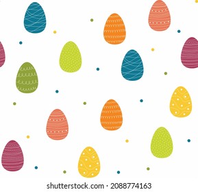 Vector illustration, Easter seamless pattern with dots, colorful Easter eggs with white ornaments. Bright traditional pattern for backgrounds, decorations, wrapping paper, textile, surface designs