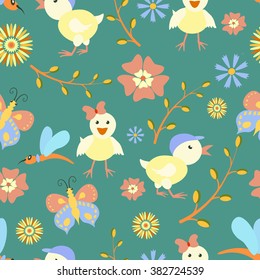 Vector illustration. Easter seamless pattern.Flowers, willow ,Chicks, butterflies.  The gift packaging, wrapping paper 