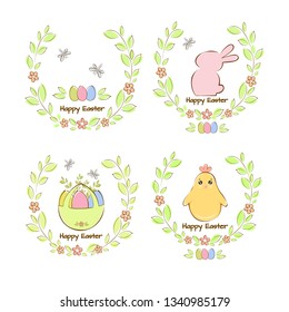 Vector illustration Easter set, Easter bunny, chicken, eggs