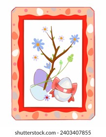 Vector illustration from the Easter set. Easter bunny, eggs, yellow chicken, stickers, frames, patterns and backgrounds. Easter holiday decor.