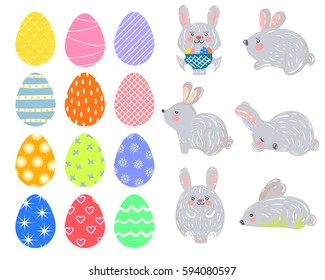 Vector illustration of  Easter set with bunny,eggs,rabbit isolated on white background. Stock vector	
