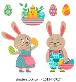 Vector illustration for Easter. Set, rabbit, spring flowers and cute elements