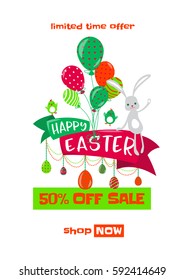 Vector illustration of easter spring sale background with cute bunny. Wallpaper, flyers, posters, brochure, voucher discount template.