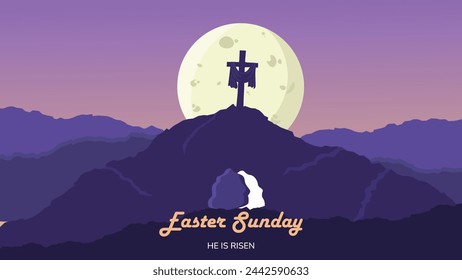 Vector illustration of Easter Sunday with silhouette cross on the hill and moon. Suitable for poster, greetings, banner, or background	