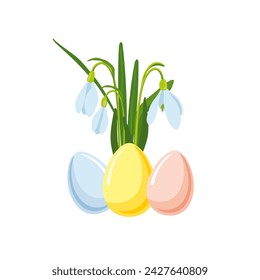 Vektor-Illustration des Osterthemas, Strauß von Frühlingsblumen, Schneeglöckchen und mehrfarbige Pastelleier, Frühlingsparty-Illustration auf weißem Hintergrund