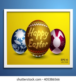 Vector illustration with Easter three eggs in different colors with the image of flowers and a hare